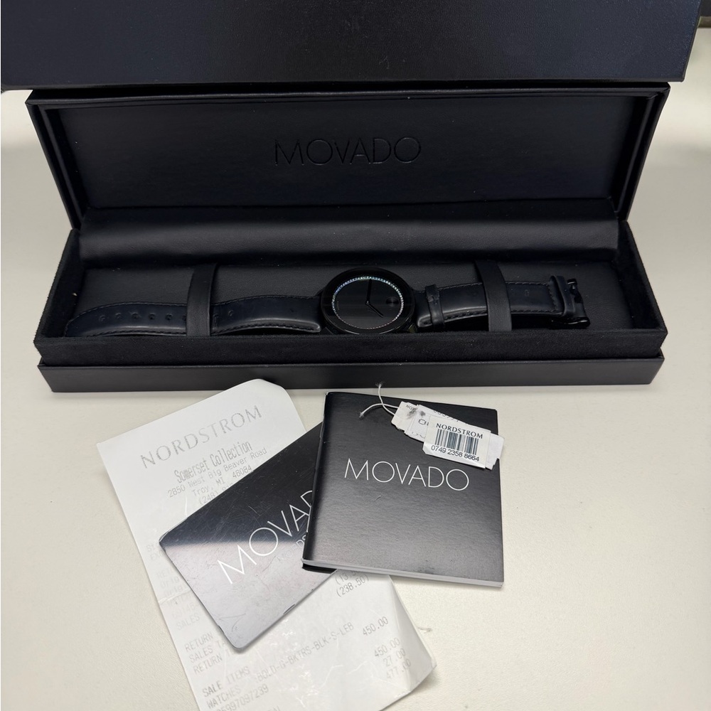 Movado Black Dial/Multicolored Stones Watch with Leather Band